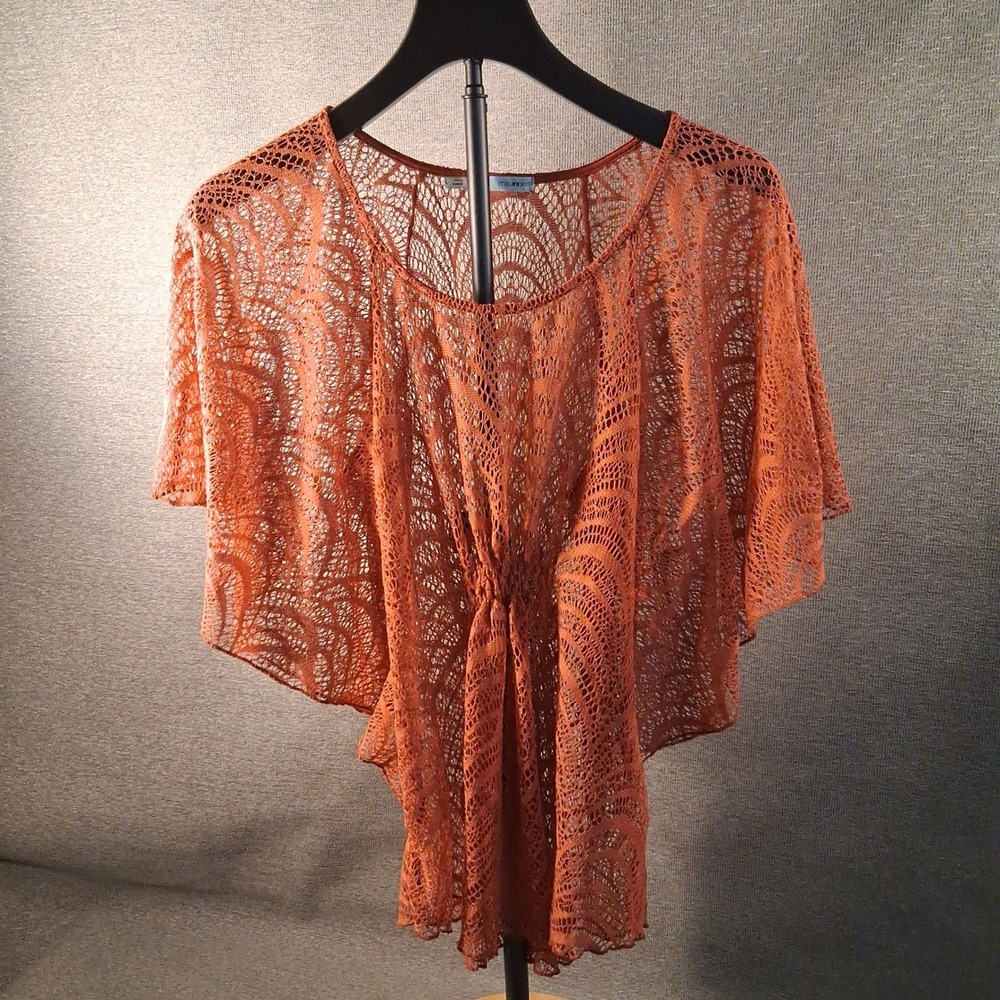 Maurices Sheer Lace Kaftan Top Size L Burnt Orange Flutter Sleeve Boho Autumn
